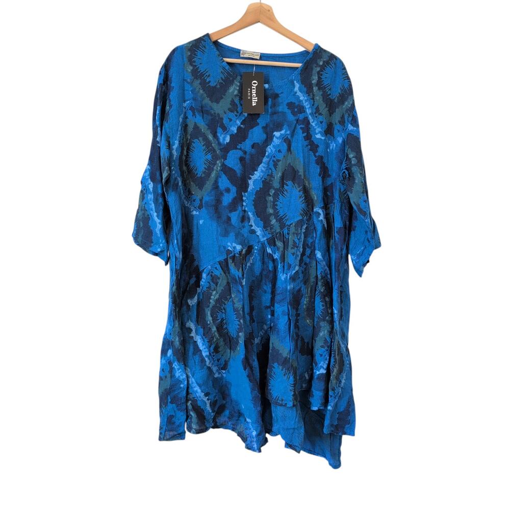 Ornella Paris 100% Pure‎ Linen Dress Medium Blue Made in Italy Artsy Art to Wear - Picture 3 of 9